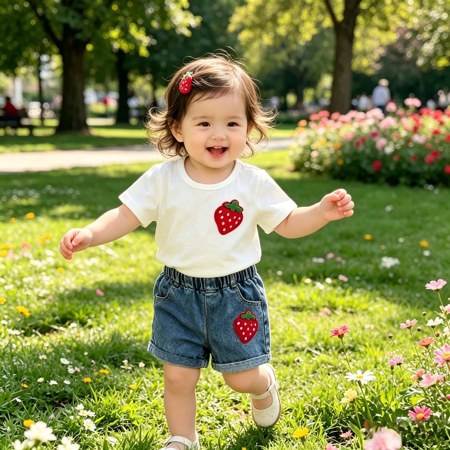 Strawberry Print Short Sleeve T-Shirt + Elastic Waist Denim Shorts
