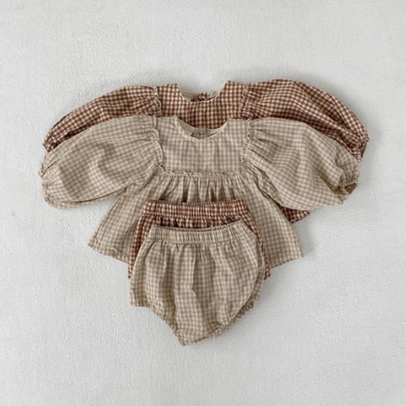 Fall Set Cotton Plaid Blouse and Shorts