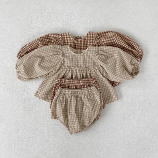 Fall Set Cotton Plaid Blouse and Shorts