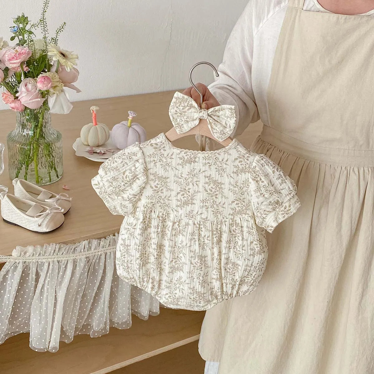 Fall Crepe Floral Short Sleeve Jumpsuit with Bow
