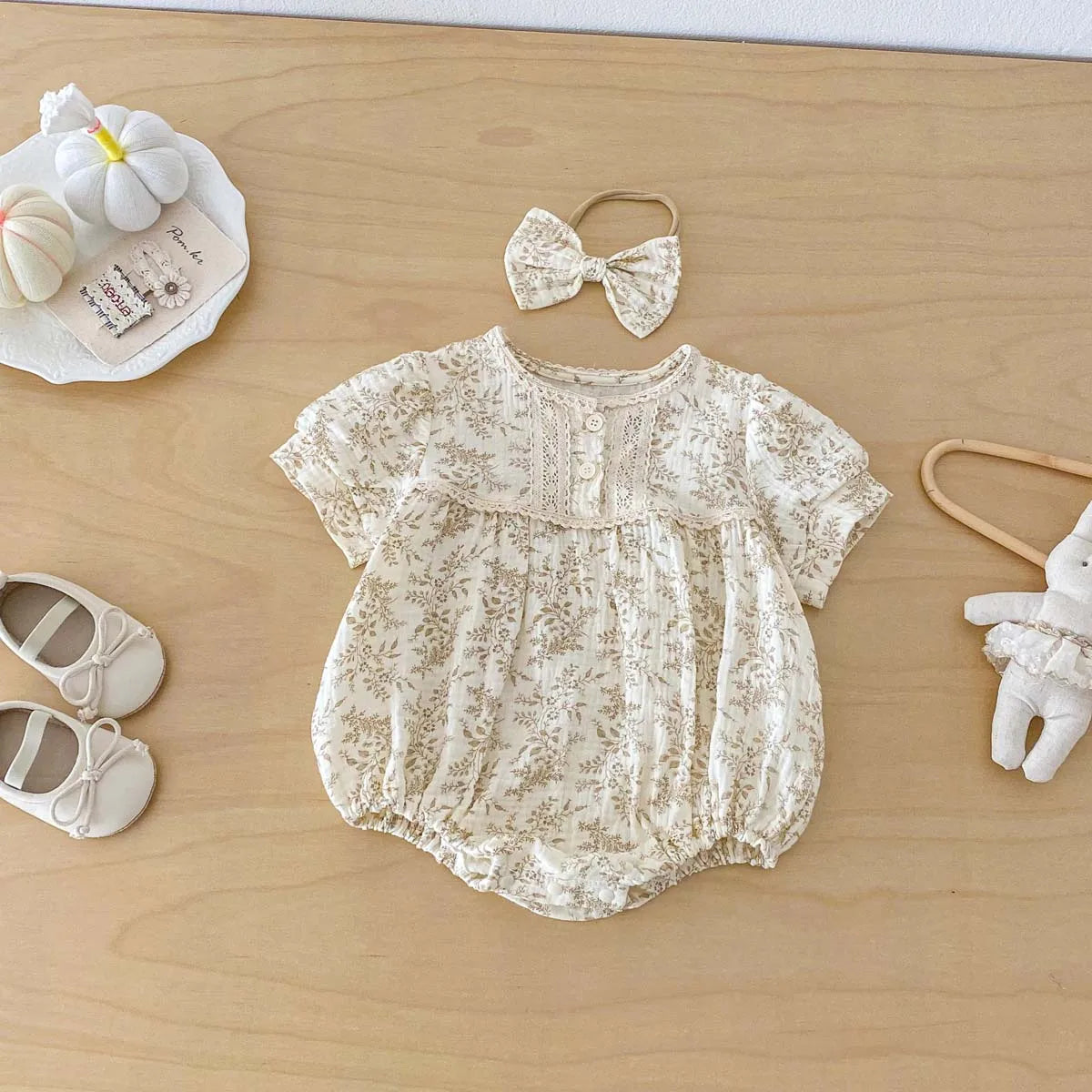 Fall Crepe Floral Short Sleeve Jumpsuit with Bow