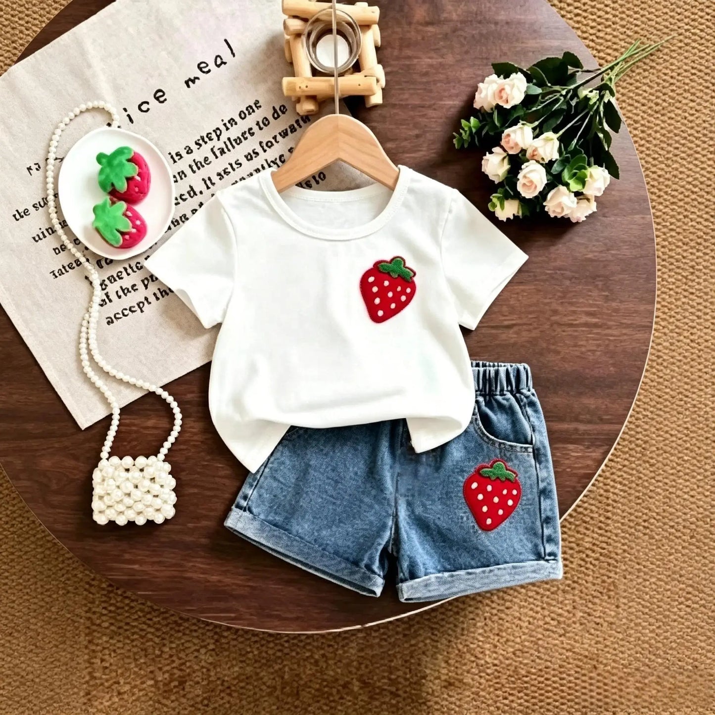 Strawberry Print Short Sleeve T-Shirt + Elastic Waist Denim Shorts