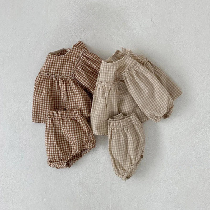 Fall Set Cotton Plaid Blouse and Shorts