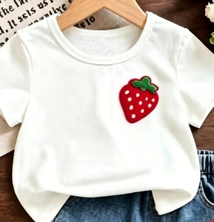 Strawberry Print Short Sleeve T-Shirt + Elastic Waist Denim Shorts