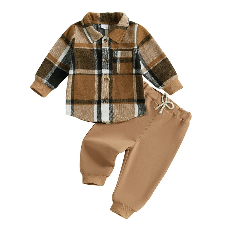 Plaid Print Long Sleeve Shirt and Elastic Band Pants 2 Piece Sets