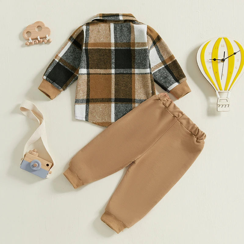 Plaid Print Long Sleeve Shirt and Elastic Band Pants 2 Piece Sets