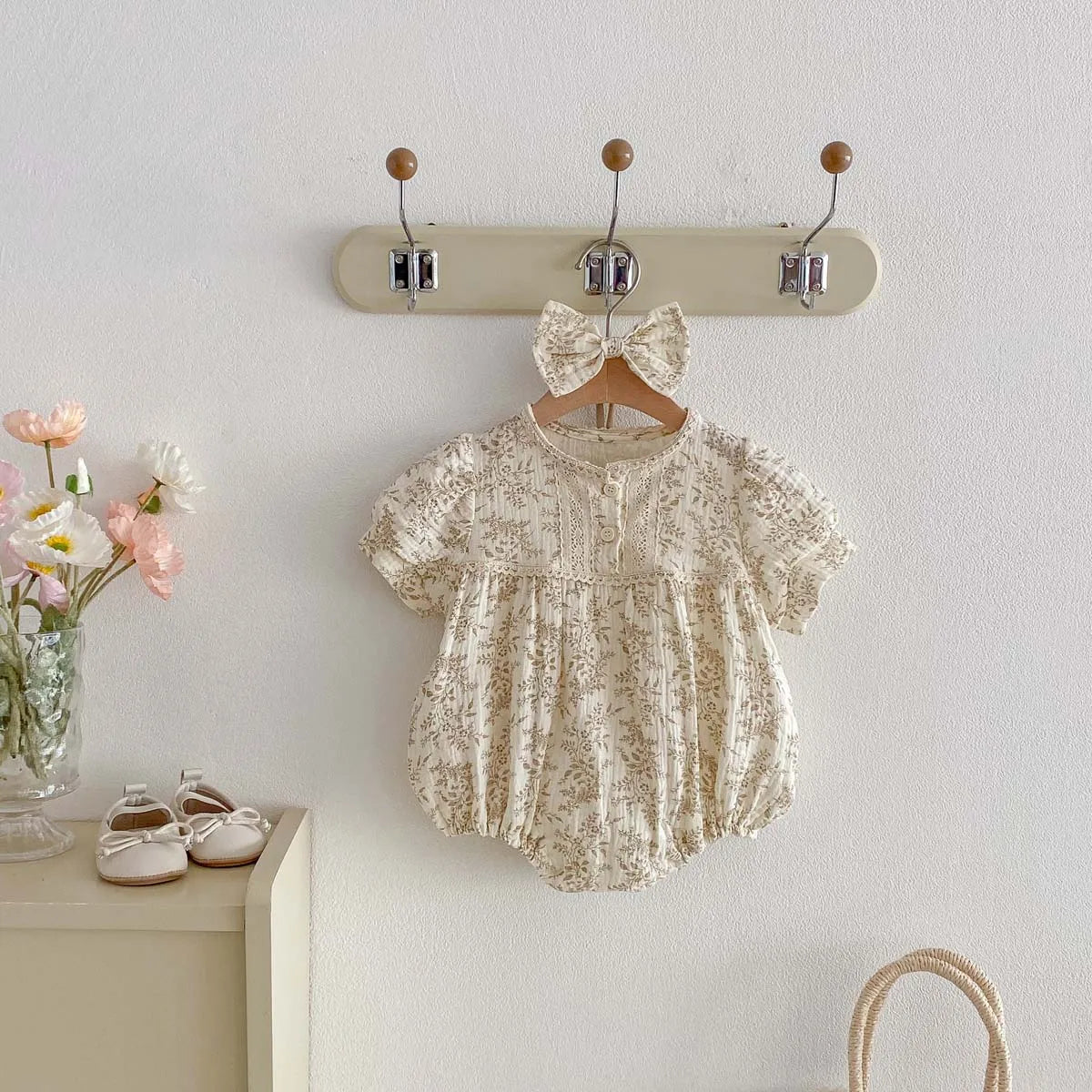 Fall Crepe Floral Short Sleeve Jumpsuit with Bow