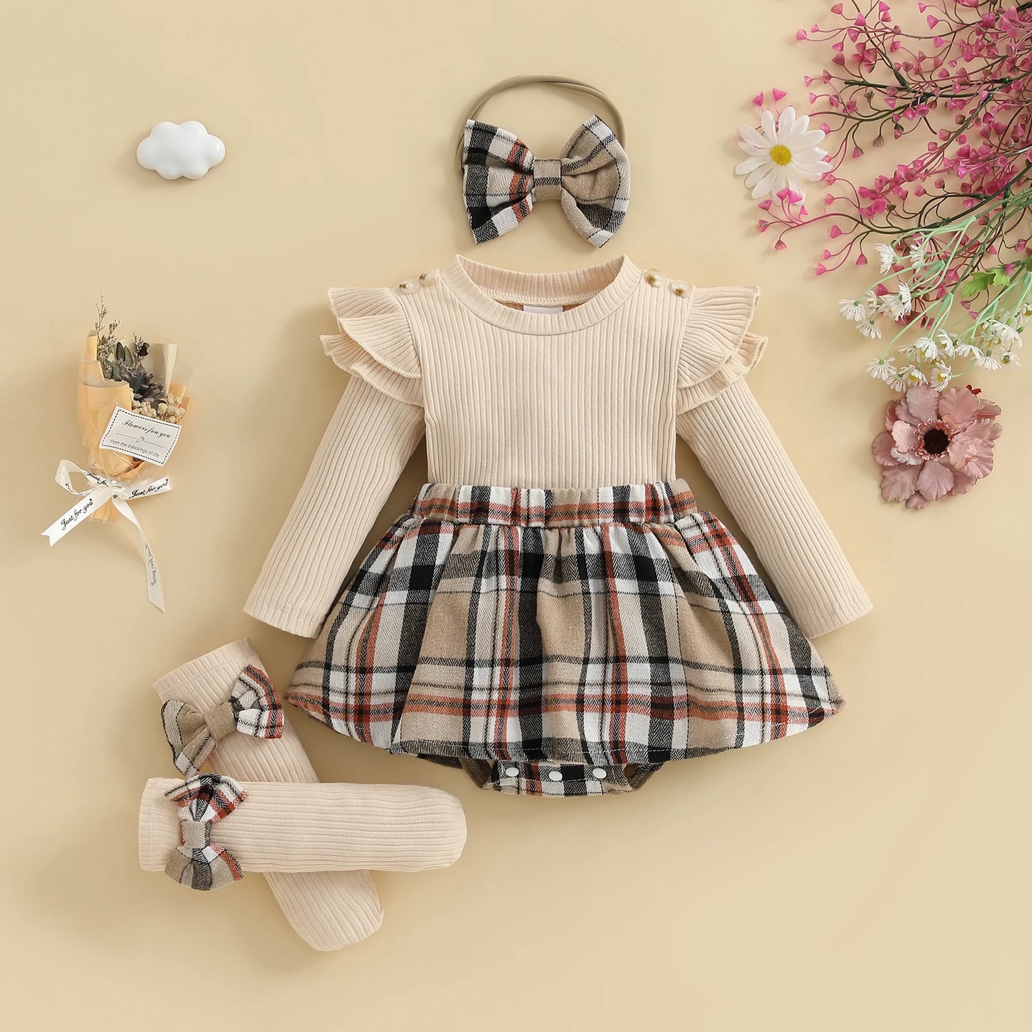 Long Sleeve Plaid Print Skirt Bodysuit with Headband Socks Set