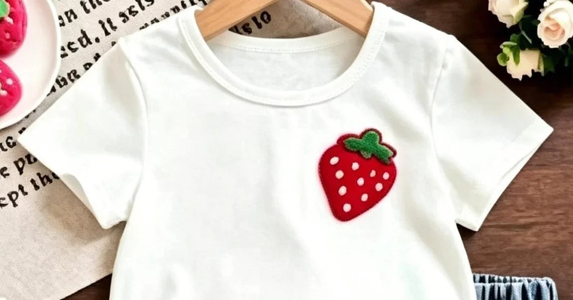 Strawberry Print Short Sleeve T-Shirt + Elastic Waist Denim Shorts