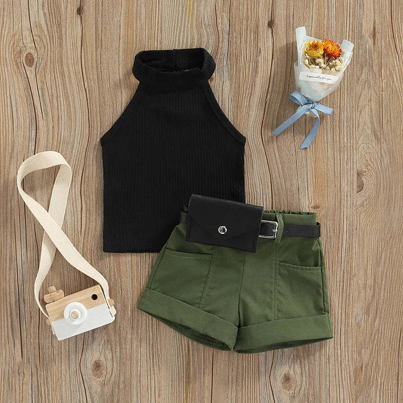3 Piece Sleeveless Halter Tops Shorts Waist Bag Set