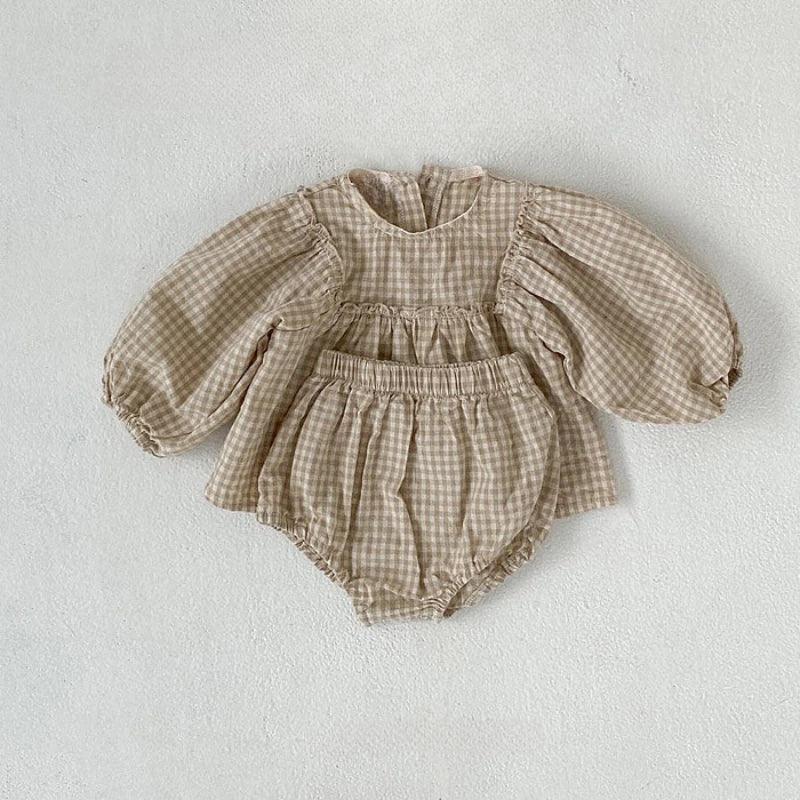 Fall Set Cotton Plaid Blouse and Shorts