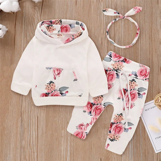 3 Piece Hooded Long Sleeve Pant & Bow Set