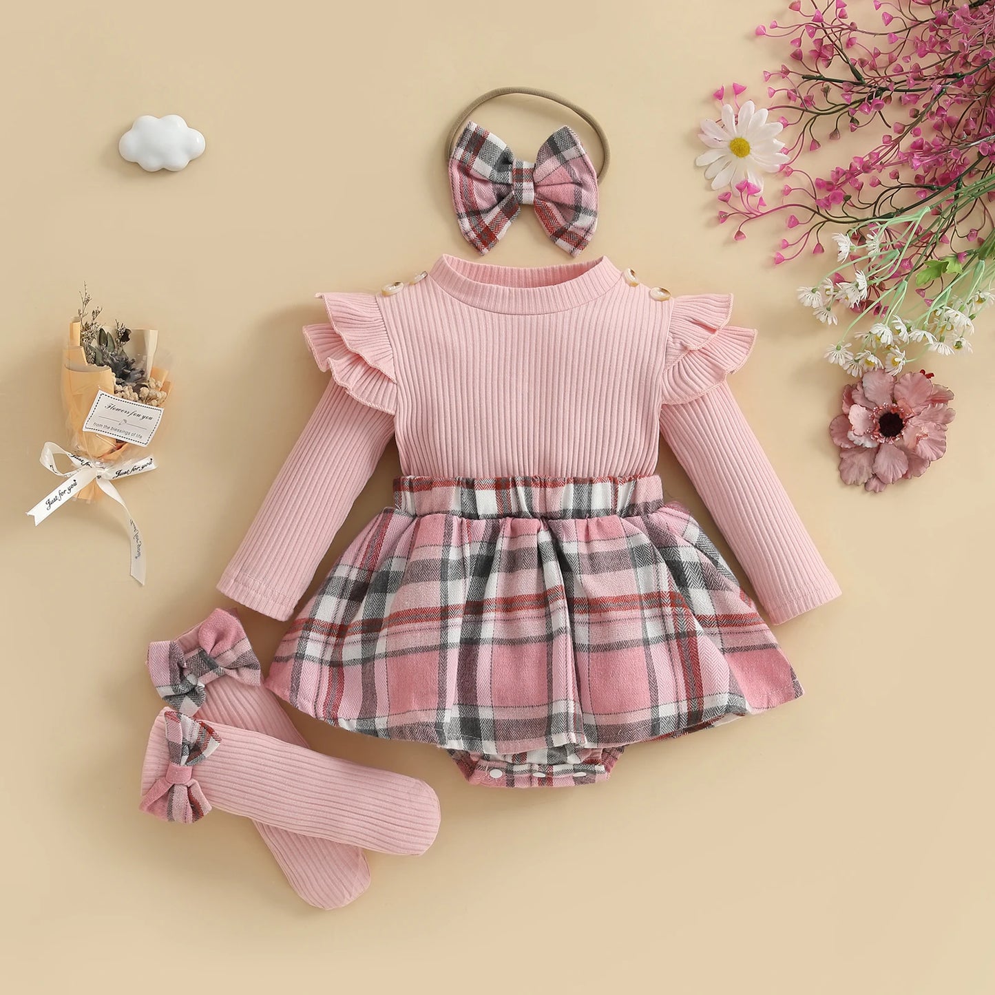 Long Sleeve Plaid Print Skirt Bodysuit with Headband Socks Set