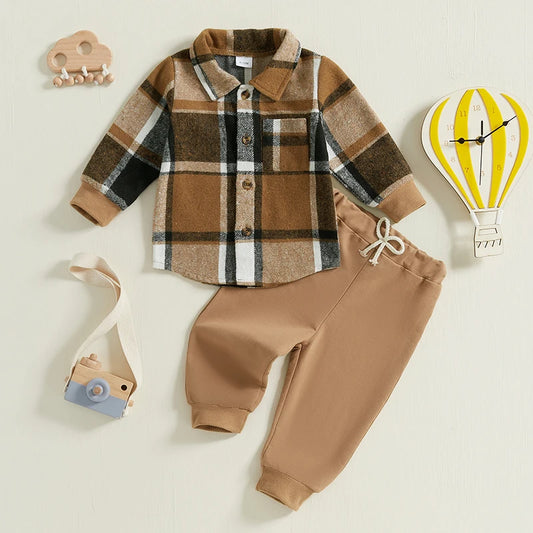 Plaid Print Long Sleeve Shirt and Elastic Band Pants 2 Piece Sets