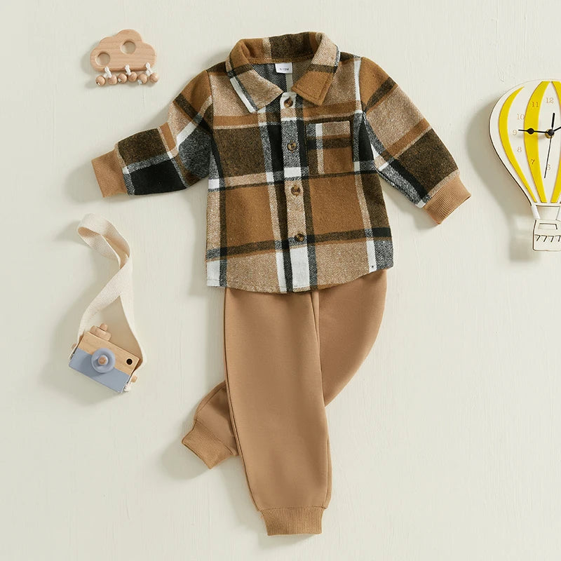 Plaid Print Long Sleeve Shirt and Elastic Band Pants 2 Piece Sets