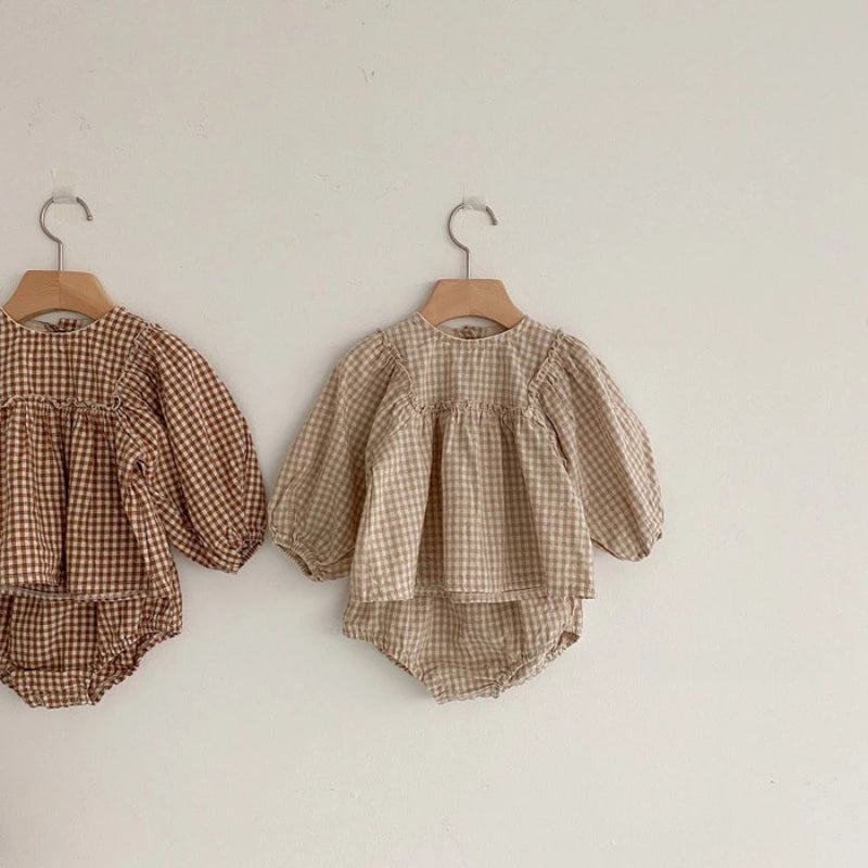 Fall Set Cotton Plaid Blouse and Shorts