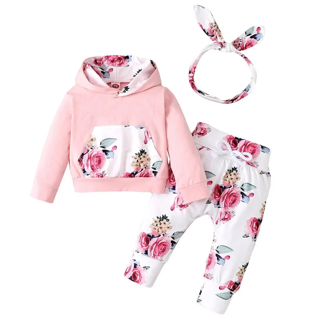 3 Piece Hooded Long Sleeve Pant & Bow Set