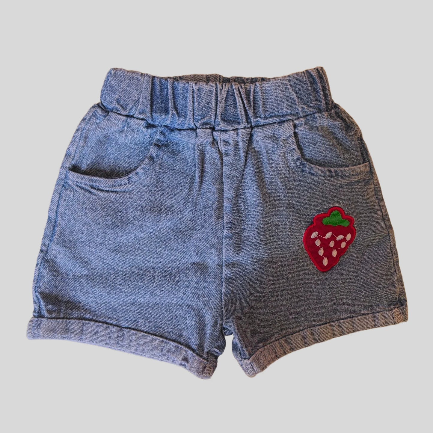 Strawberry Print Short Sleeve T-Shirt + Elastic Waist Denim Shorts