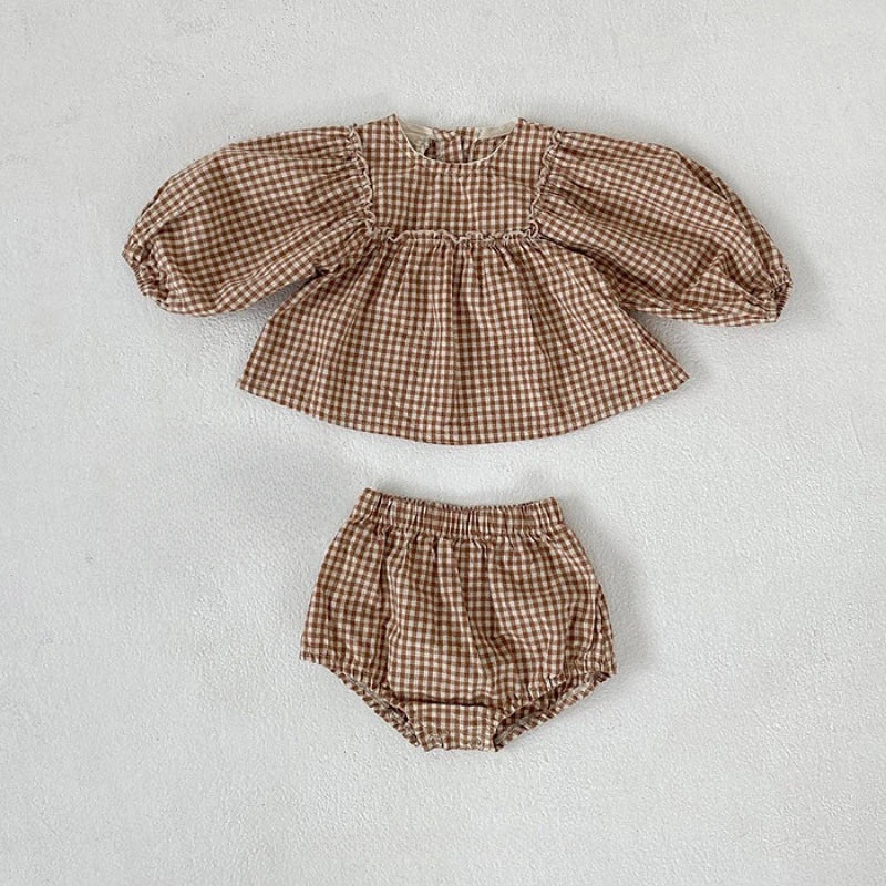 Fall Set Cotton Plaid Blouse and Shorts