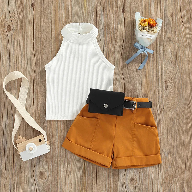 3 Piece Sleeveless Halter Tops Shorts Waist Bag Set