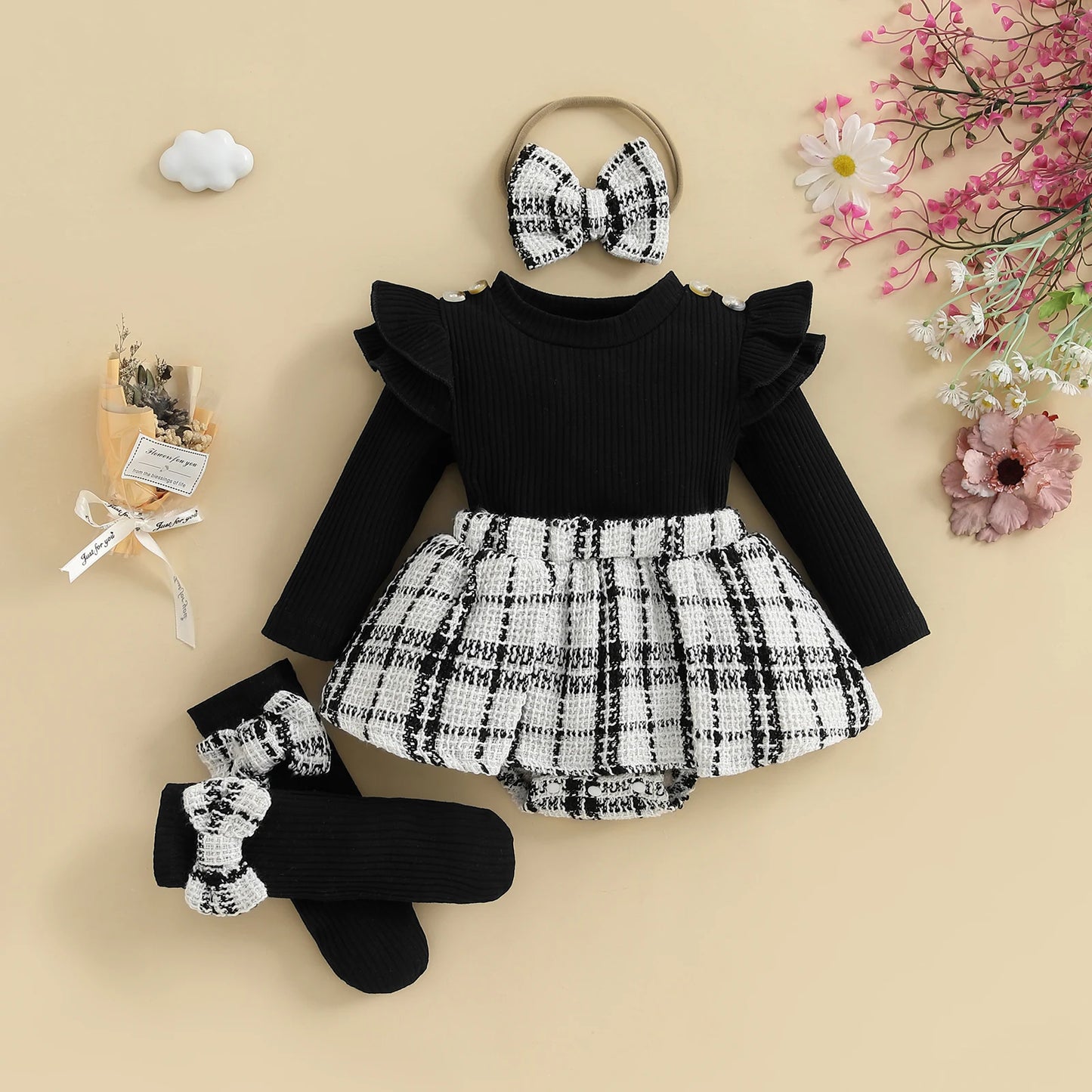 Long Sleeve Plaid Print Skirt Bodysuit with Headband Socks Set