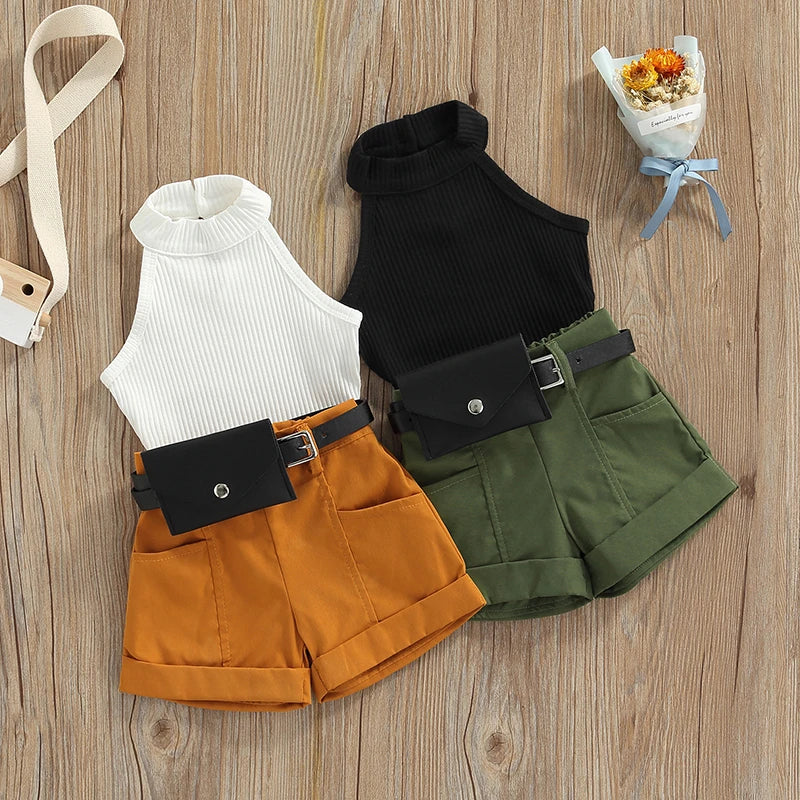 3 Piece Sleeveless Halter Tops Shorts Waist Bag Set