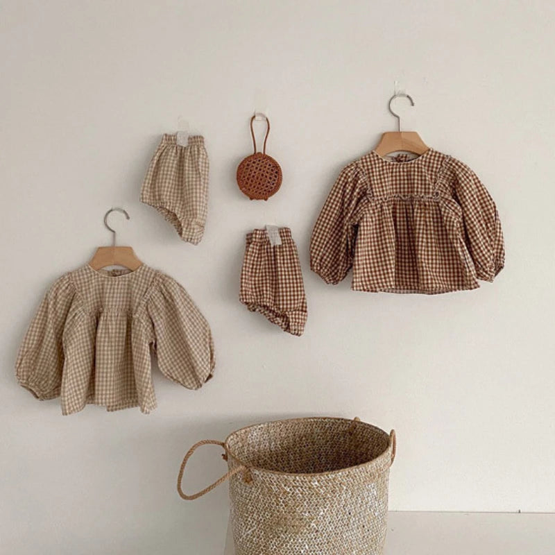 Fall Set Cotton Plaid Blouse and Shorts