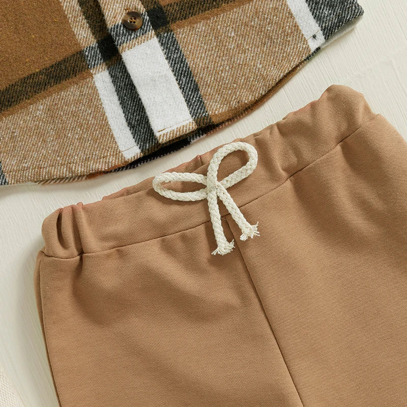 Plaid Print Long Sleeve Shirt and Elastic Band Pants 2 Piece Sets