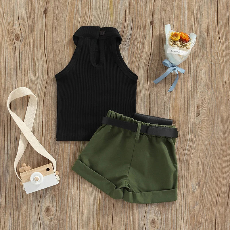 3 Piece Sleeveless Halter Tops Shorts Waist Bag Set